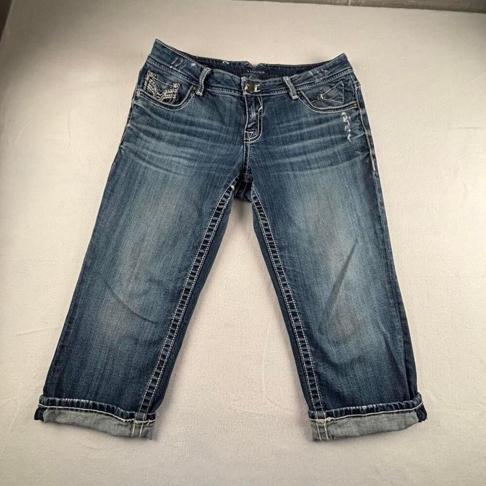 Vigoss The Chelsea Capri Jeans Womens 14 Blue Embellished Y2K Cuffed Denim